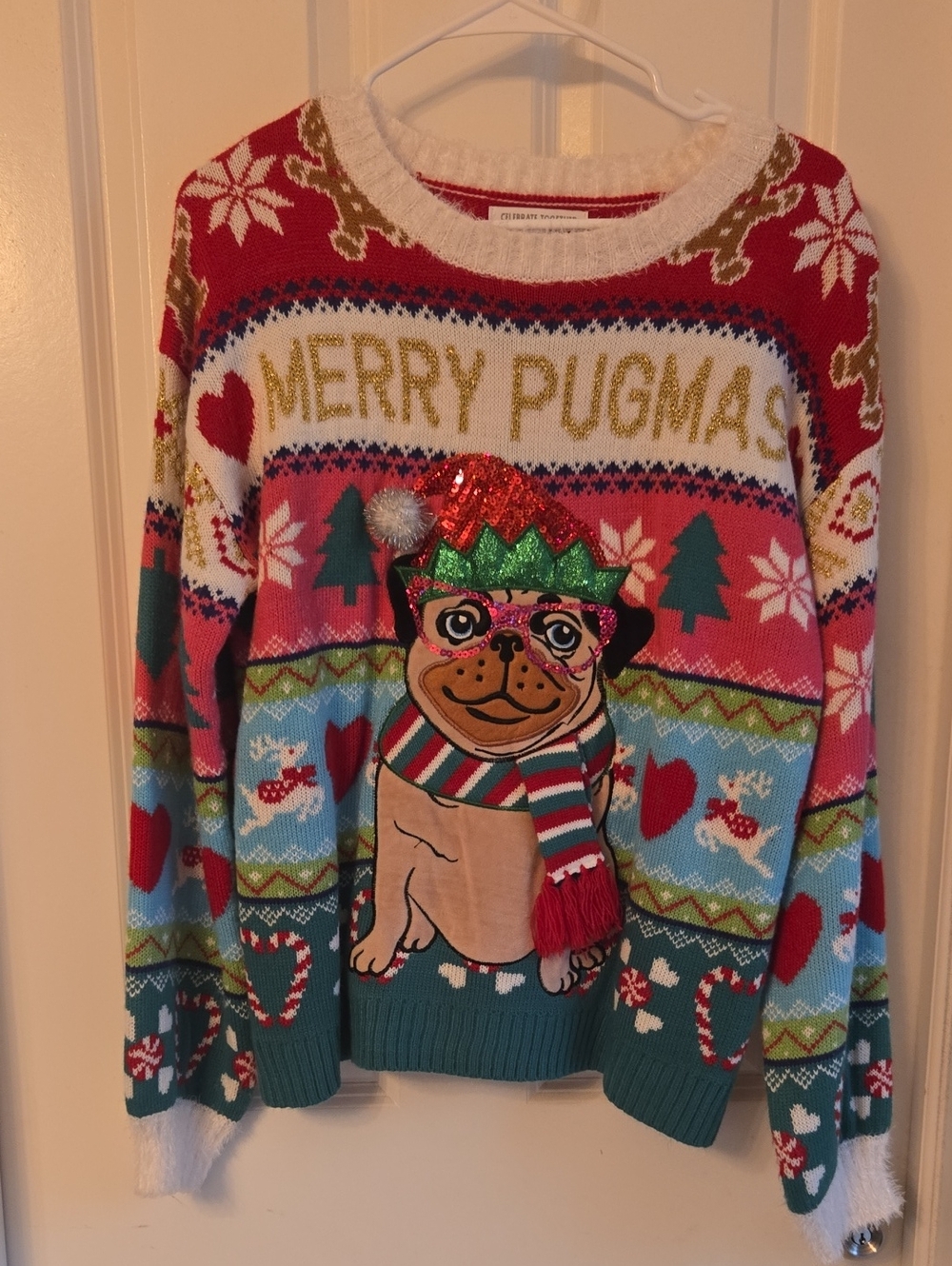 Women's Holiday Crewneck Sweater - Multicolor Merry Pugmas